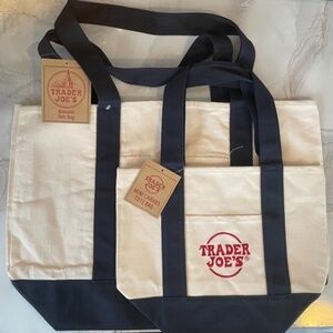 TWO Trader Joes Tote Canvas Bags Large and Mini in Navy Blue NWT